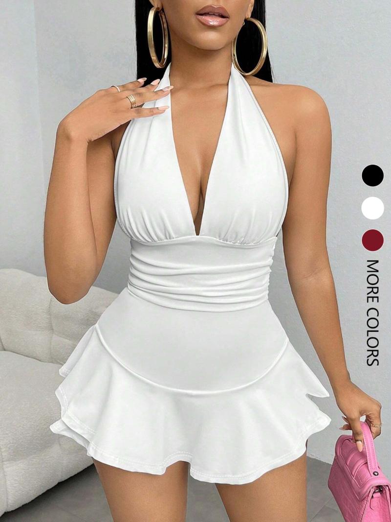 Women's Simple Solid Backless Halter One-Piece Romper, Ruffle Hem, Sleeveless, Casual Summer, Fashionable and Comfortable