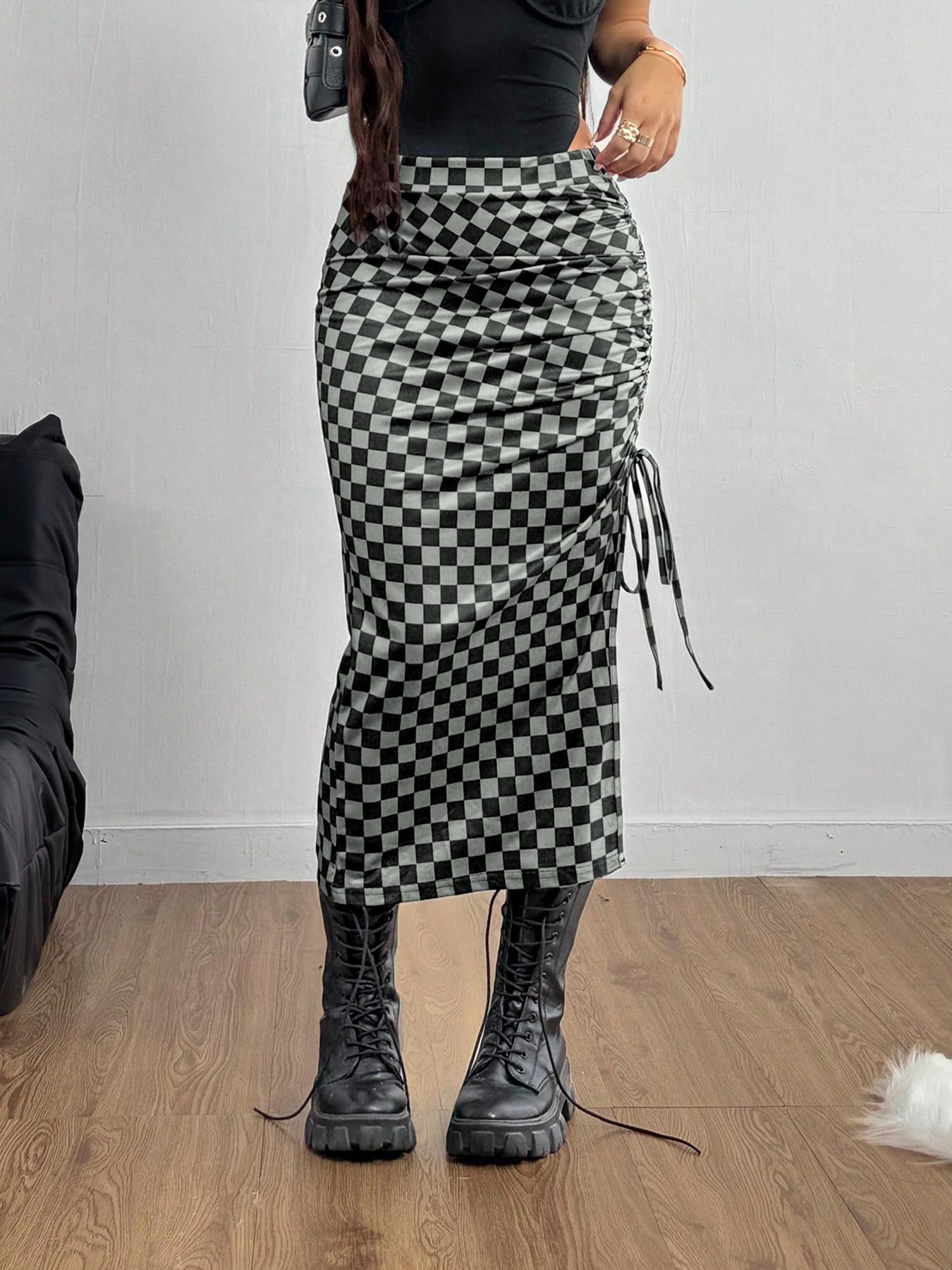 Women's Plaid Drawstring Waist Skirt, Casual Sporty Split Design, Slim Fit Half-Length Skirt for Daily Wear & Outdoor Activities