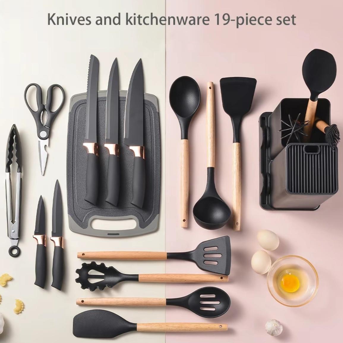 Hot Selling Silicone Kitchen Utensil Set 19-Piece Cooking Spoon Spatula Knife Storage Bucket Wooden Utensil Set Kitchen Tools Ladle Sturdy Durable Kitchenware Cookware