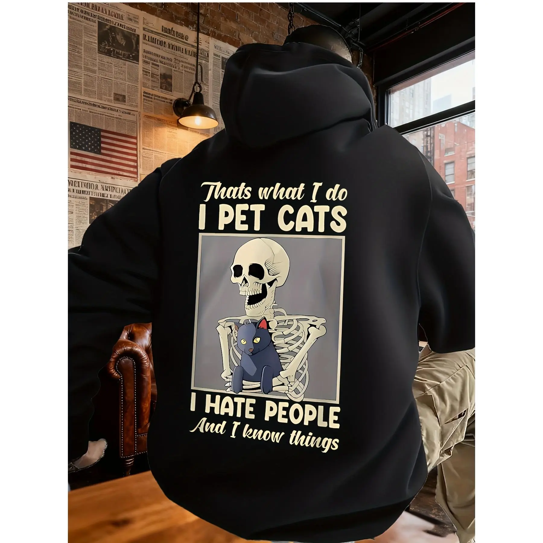 Men's & Skeleton Back Print Hooded Sweatshirt - Funny "I Pet Cats I Hate People" Slogan, Black Casual Pullover Hoodie with Kangaroo Pocket, Comfortable Long Sleeve Hoodie for Lovers & Dark Humor Fans