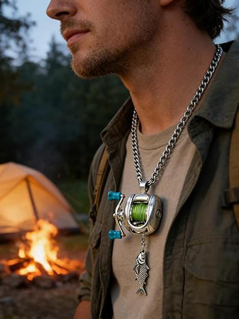 Mini Fishing Reel Necklace, Rotating Handle, Detachable Line Ring, Spinning Wheel Keychain, Portable Pendant for Fishing Enthusiasts