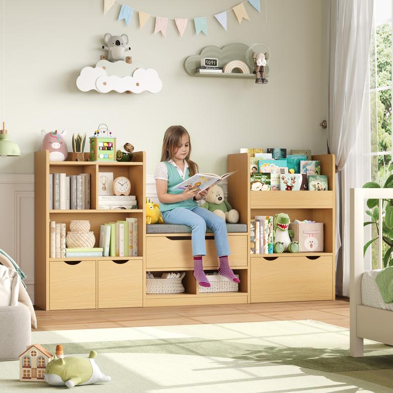 FOTOSOK 72'' Kids Bookshelf with Reading Nook, Large Toy Storage Organizer with Seat Cushion and 3 Movable Drawers, Kids Reading Nook Toy Organizers and Storage with Bench for Playroom