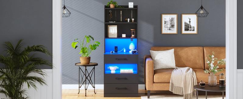 Sikaic  LED Tall Nightstand with Charging Station 3 Drawers And Bookshelf Adjustable Dressing Table Makeup Dressing Desk