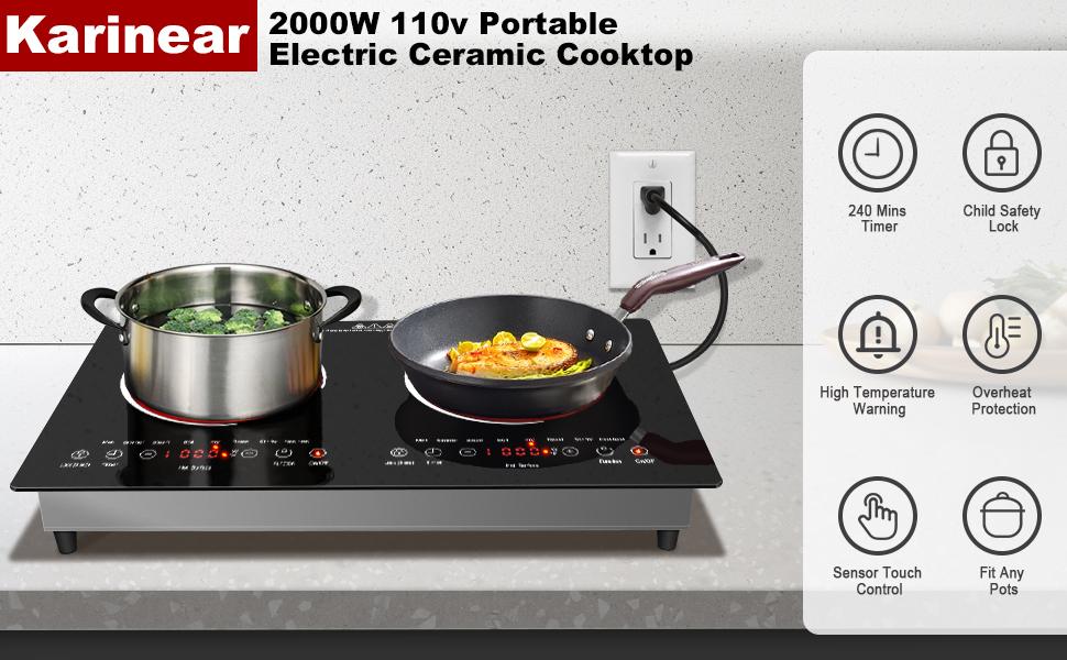 Karinear 2 Burner Electric Cooktop,2000W 110V Plug-In Portable Electric Stove with Sensor Touch Control, Child Safety Lock, Timer, Over-Temperature Protection, Electric Ceramic Stove for Kitchen Use,tiktokshopbacktoschool