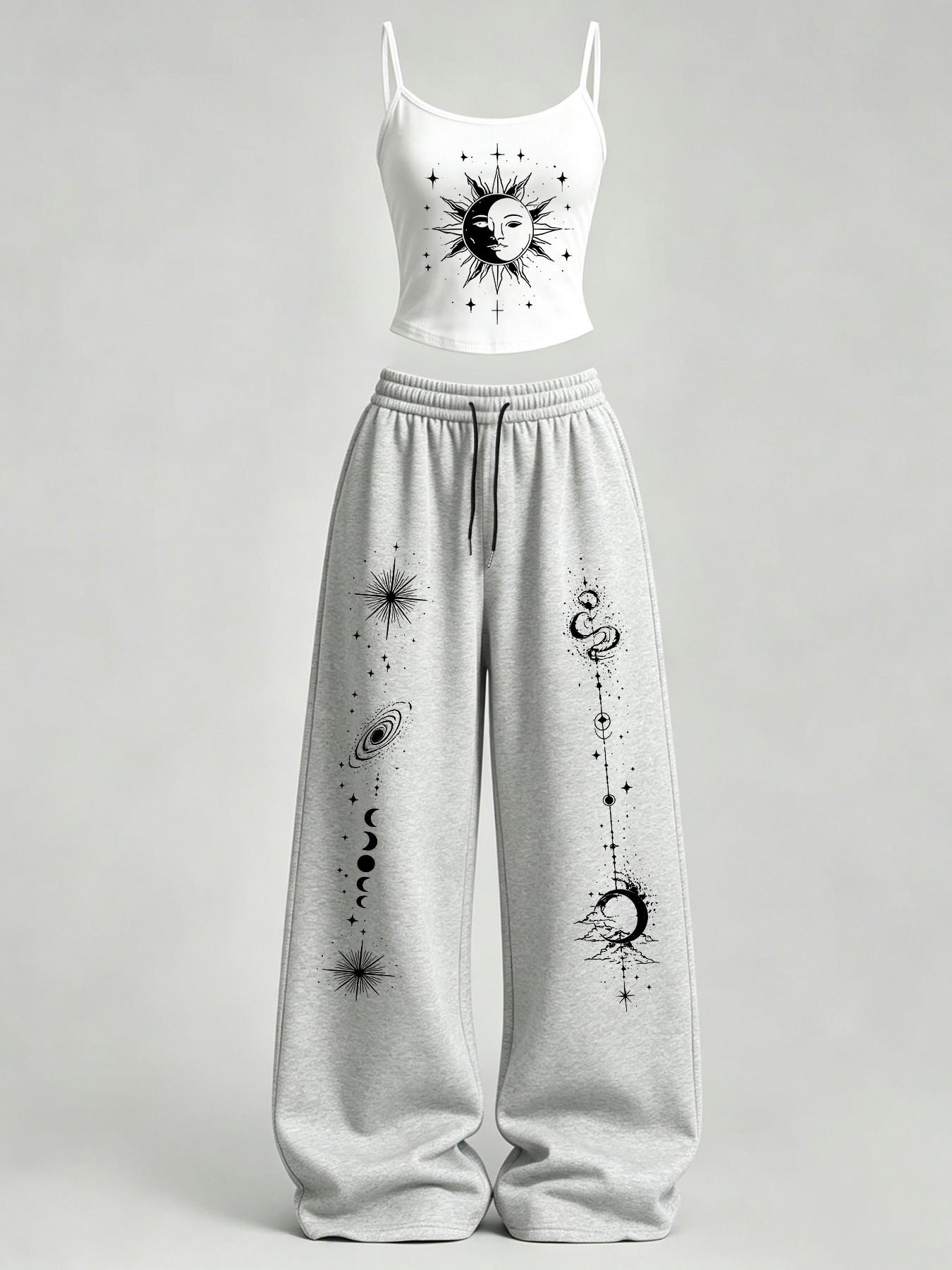 Women's Casual Slim-Fit Tank Top & Loose Pants Set, Y2K Gothic Starry Sky Print, Ideal for Daily Commute, Streetwear, Campus, Home Relax, Clothes Women's Casual Slim-Fit Tank Top & Loose Pants Set, Y2K Gothic Starry Sky Print, Ideal for Daily Commute, Streetwear, Campus, Home Relax, Clothes
