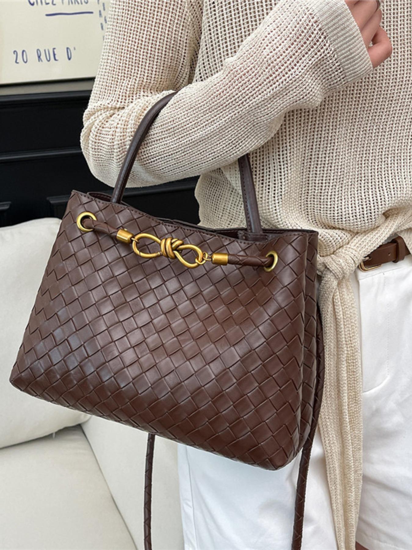 Women's Leather Woven Handbag, Fashion Durable Crossbody Tote Bag, Multi-Functional Clutch Purse, Beach Vacation Phone Case, Travel Daily Use