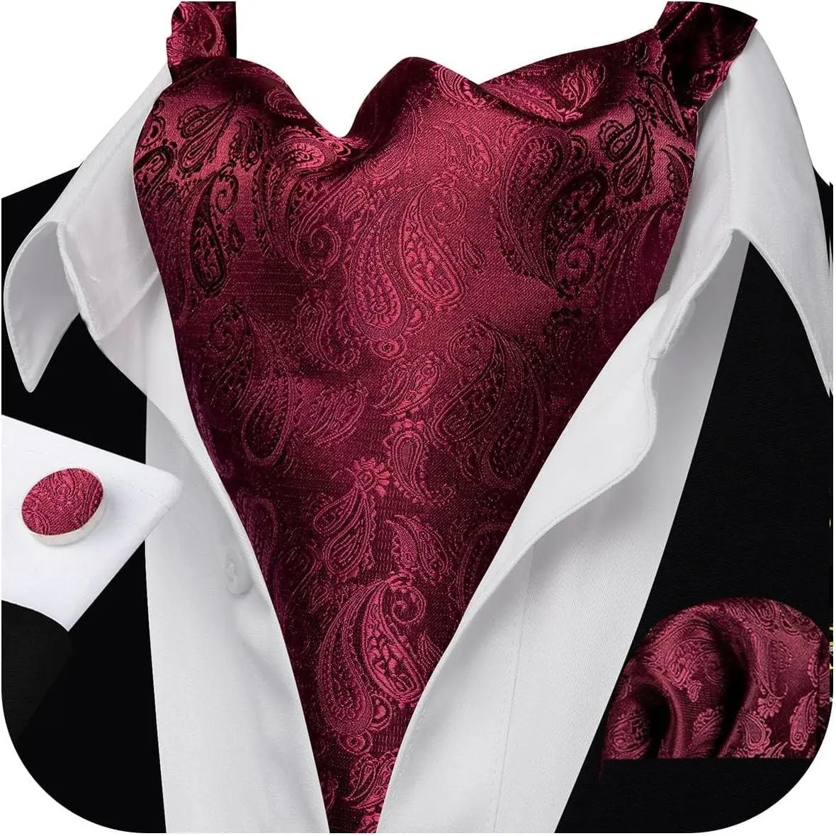 Men's Ascot Cravat Tie Set with Paisley Scarf, Self-Tie Necktie, Handkerchief & Cufflinks | Silk, Paisley, Plaid, Solid Color | Formal, Wedding, Halloween, Costume, Party, Prom, ClassicGift