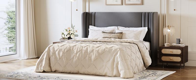 HOOMIC Upholstered Platform Bed Frame【Frame Only No Mattress】,Wingback Headboard with Vertical Stripes in Dutch Velvet,Full/Queen/King/Sizes,No Box Spring Needed,Pink/Black/White/Blue/Green/Gray