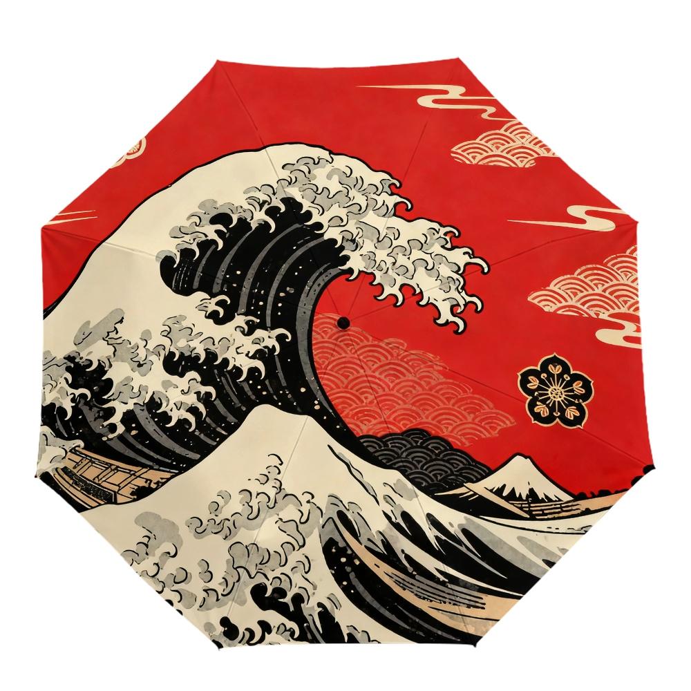 Floating World Wave Automatic Umbrella, Lightweight Retractable Travel Umbrella, Japanese Inspired Design, Windproof 8 Ribs, Unisex