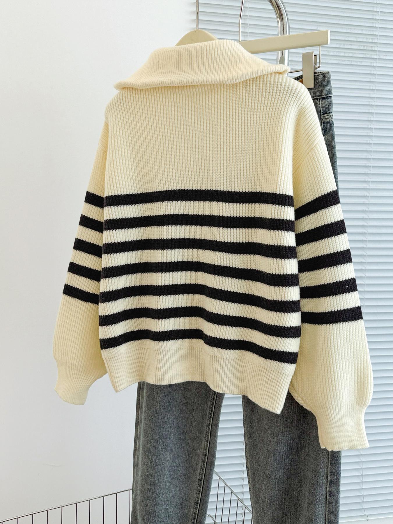 Autumn Winter Striped Zipper Collar Pullover Sweater, Fashion Casual Loose Fit Knitwear, Versatile Long Sleeve Top for Men & Women