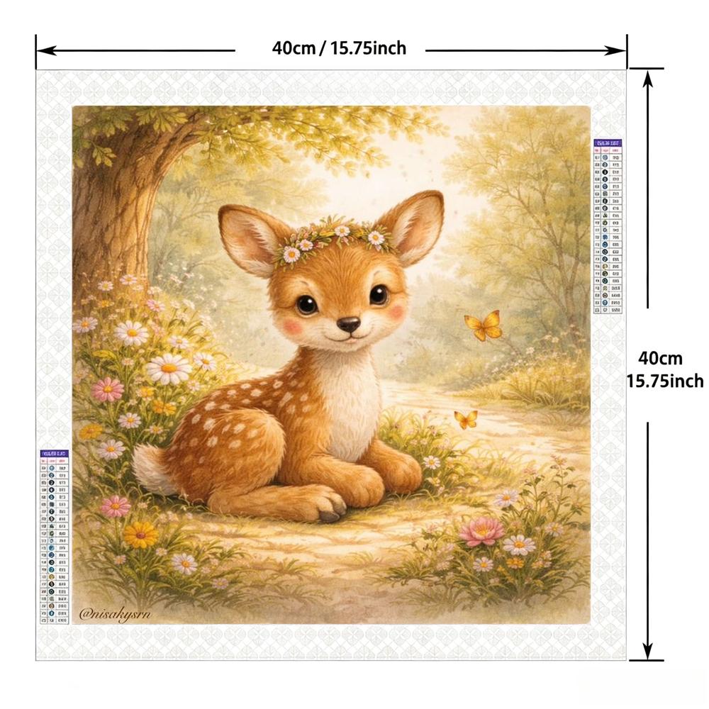 A 2D flat unframed hand-made DIY diamond painting kit with cute cartoon deer, forest flowers and butterflies pattern, warm and healing, high-definition full drill, suitable for home decoration, handcraft lovers and gift-giving.
