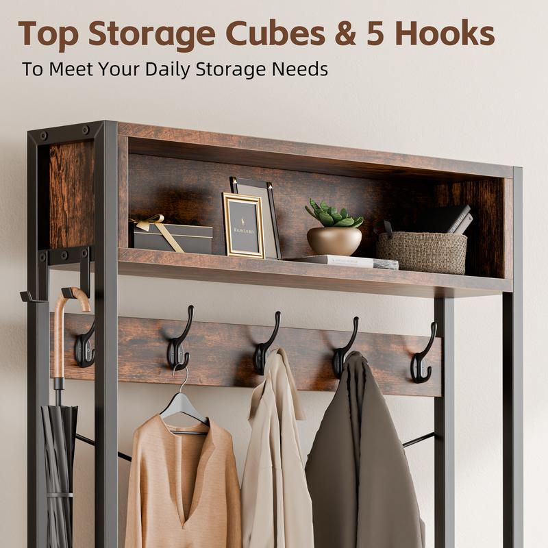 Aowos Hall Tree with Bench and Shoe Storage, 31”/39” Freestanding Entryway Storage Cabinet, 5-in-1 Coat Rack and Shoe Bench with Wall Organizer, 17 Hooks, Drawers and Shelves, Space-Saving Hall Tree for Entryway, Hallway, Foyer