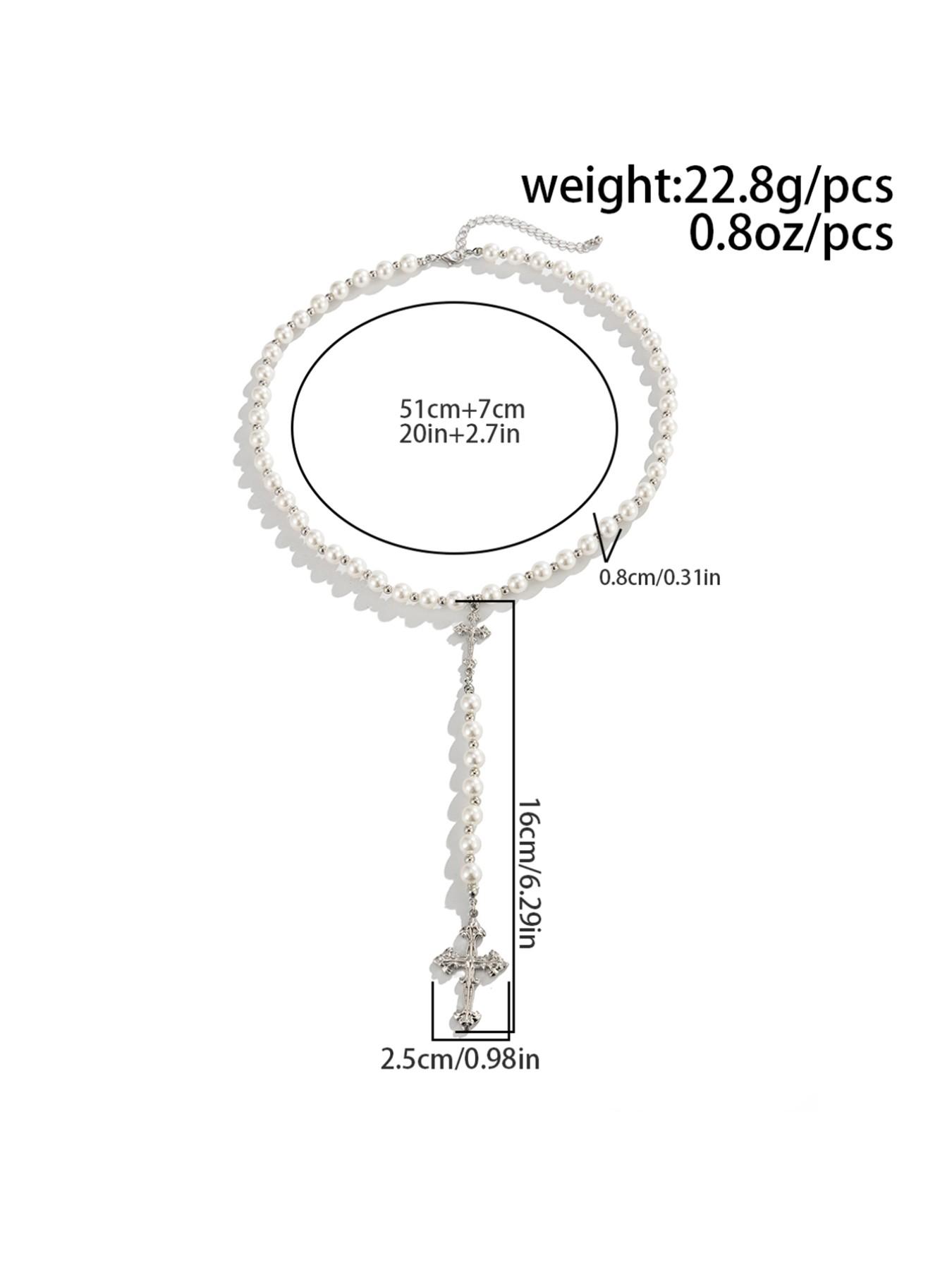 American Vintage Cross Pearl Y-Shape Necklace, Antique Silver Color Pendant, Hip-Hop Men's Accessory, Subculture Fashion Jewelry