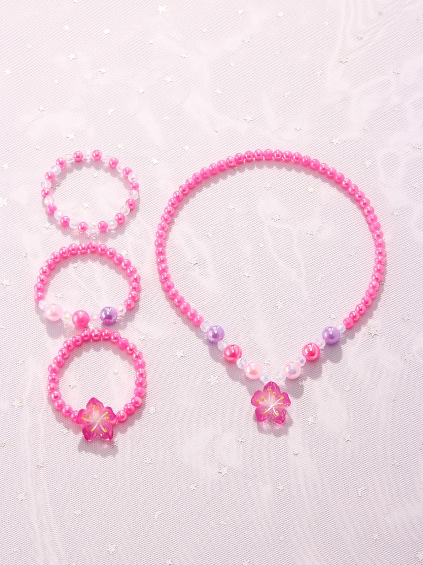 4pcs/set Acrylic Flower Pendant Necklace Bracelet Set, Cute Jewelry for Girls, Birthday Party Gift, All Seasons Wear