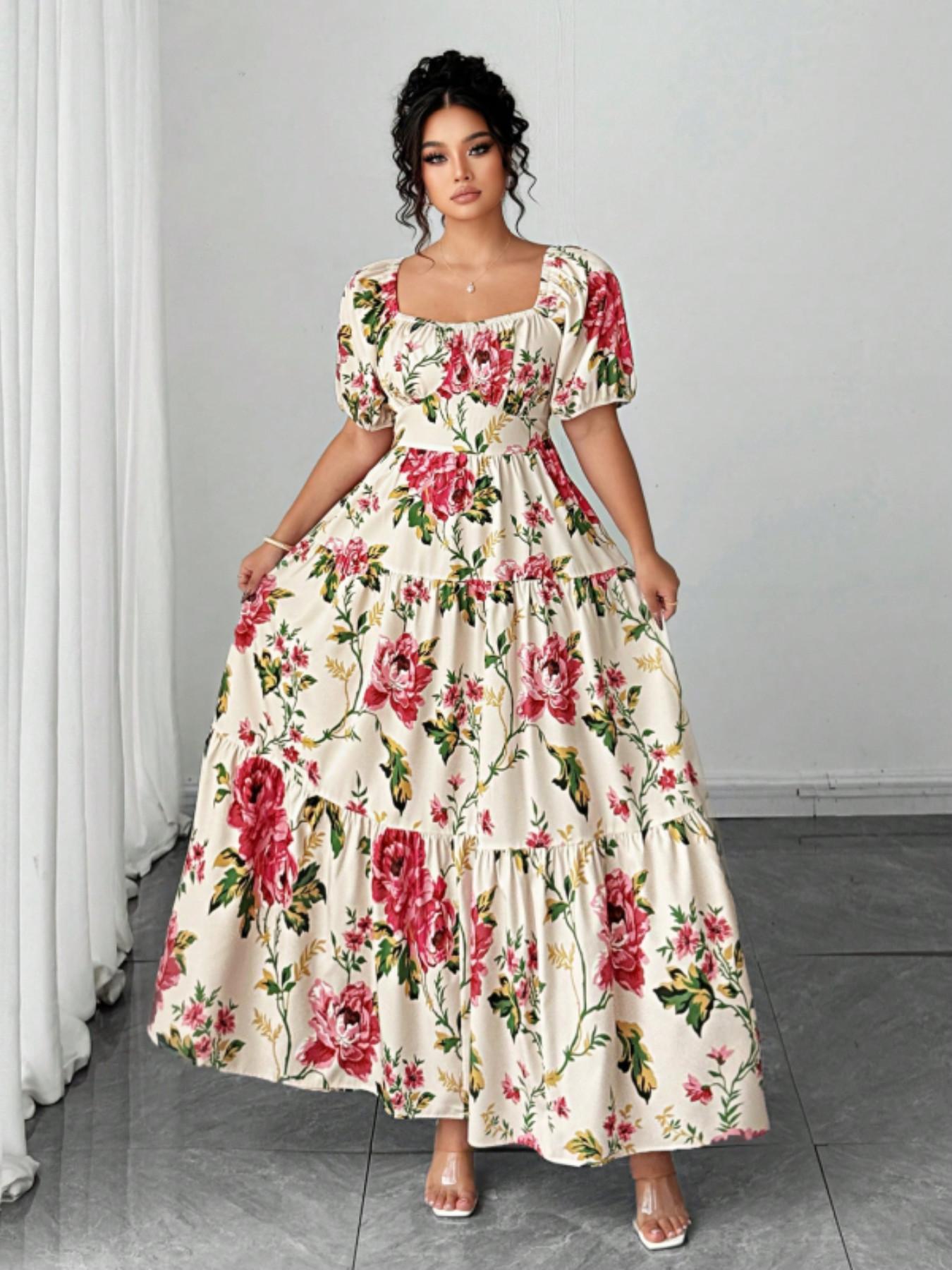 Elegant Plus Size Women Wedding Guest Dress, Square Neck Bubble Sleeve, Rose Floral Pattern, Long A-Line Skirt, Perfect for Weddings and Vacations