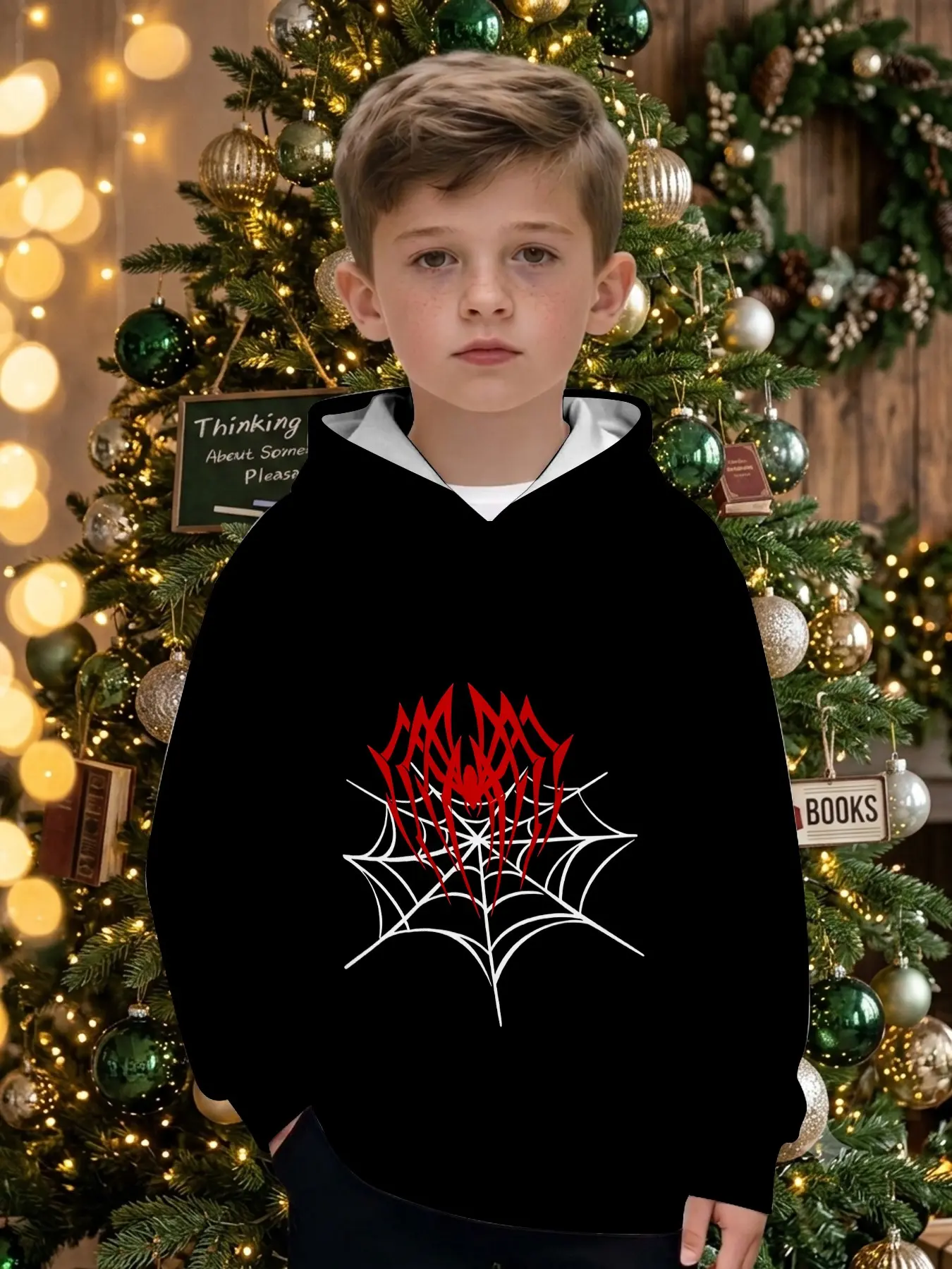 Boys' Gothic Spider Web Print Hoodie, Long Sleeve Fitted Casual Top, Fall & Winter Outdoor Wear, Perfect Christmas Gift