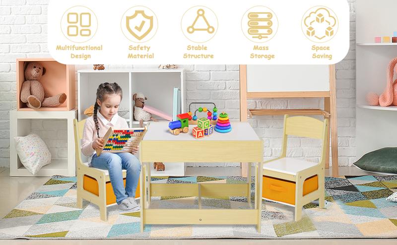 3-Piece Kids Table and Chairs Set, Wood Children Activity Desk Indoor Toddler Play Table and 2 Chairs Set with Storage, for Drawing Reading Crafts, Playroom, Nursery