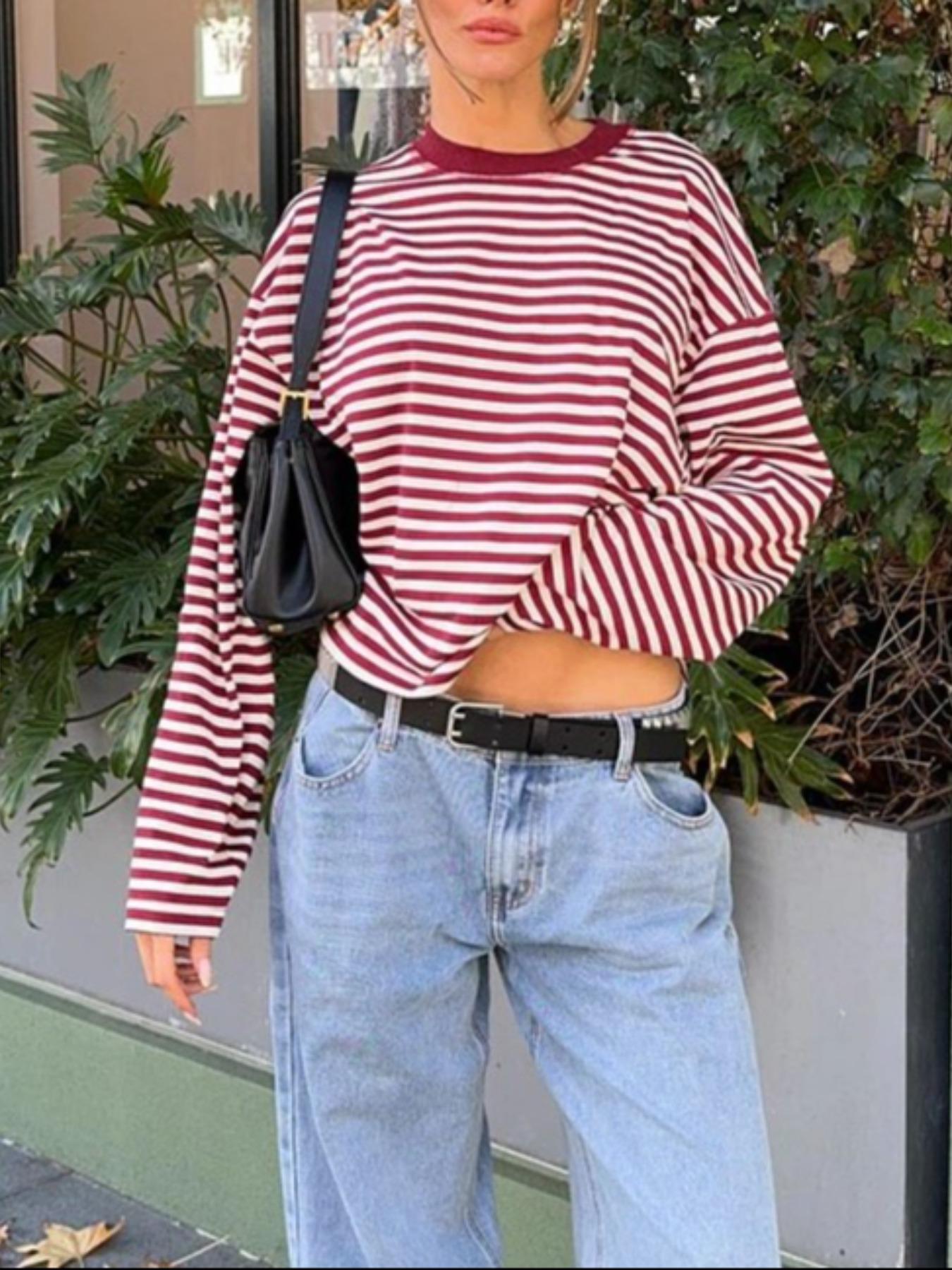 Women's Casual Loose-Fit Striped Long Sleeve Oversized Top, Trendy Street Style Round Neck Pullover Womenswear