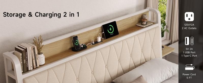 【Valentine's Day gift】ONBRILL Bed Frame with Side Storage Shelf, Ergonomic Upholstered Headboard with Charging Station, King Platform Bed Frame, Metal Slats Support, No Box Spring Needed, Easy Assembly 【Valentine's Day gift】ONBRILL Bed Frame with Side Storage Shelf, Ergonomic Upholstered Headboard with Charging Station, King Platform Bed Frame, Metal Slats Support, No Box Spring Needed, Easy Assembly