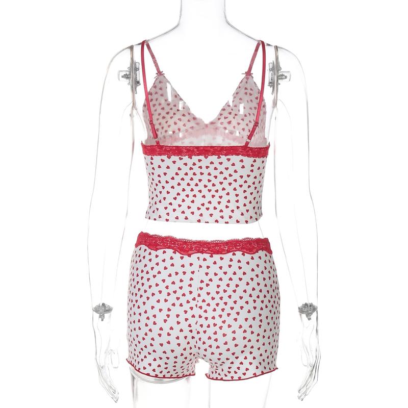 Women's Heart Print Contrast Lace Cami Top & Shorts Pyjama Set, Sexy Casual Comfy  Two-piece  Pj Set, Women's Sleepwear for Summer