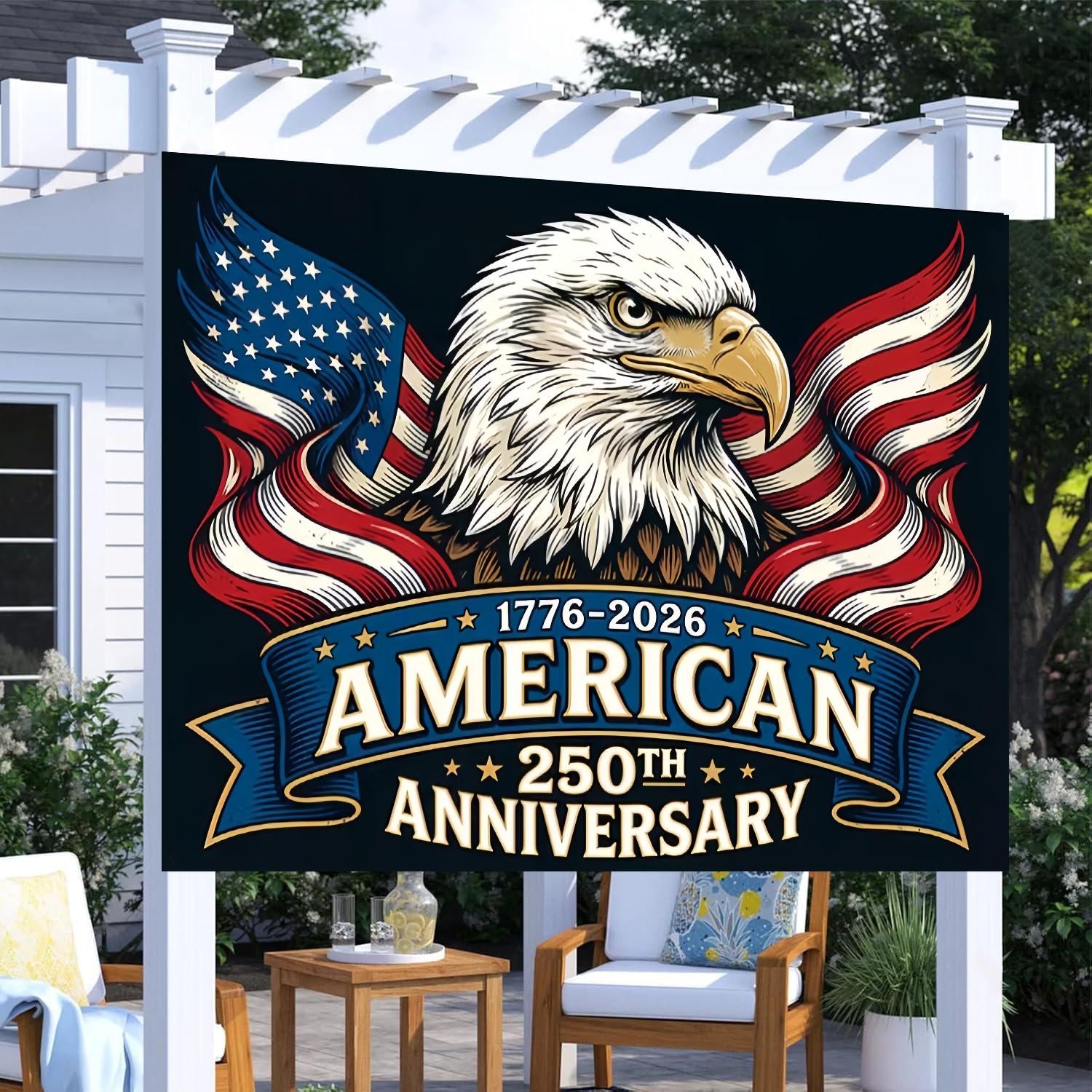 Independence Day 250th Anniversary Banner, Starry Sky with Fireworks and Bald Eagle, Polyester, Ideal for Home, Office, Outdoor Decor, Party Gifts
