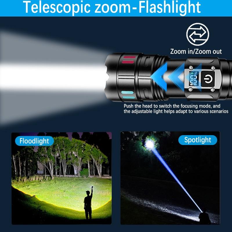 Aluminum Alloy Rechargeable Flashlight, Portable Display Multifunctional 30w Extendable Camping Fishing Night Riding Torch