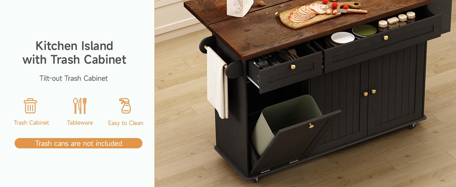 【BackToSchool】ONBRILL 60" Kitchen Island with Power Outlet & Drop Leaf, Kitchen Rolling Island with Spice Rack & Towel Rack, Knife Holder, Kitchen Island Cart with Trash Storage Cabinet, Mobile Island Table for Kitchen