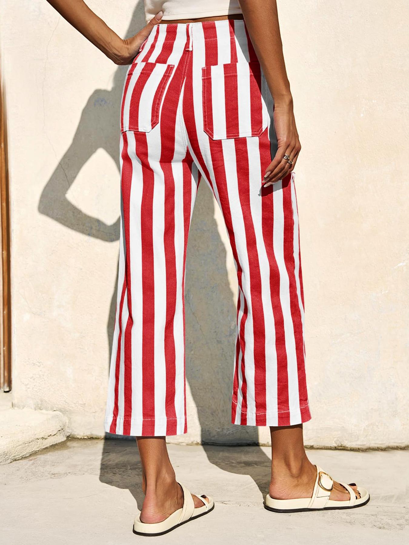 Aswulk Womens Cropped Striped Jeans Casual High Waisted Stretchy Straight Leg Denim Pants with Pockets