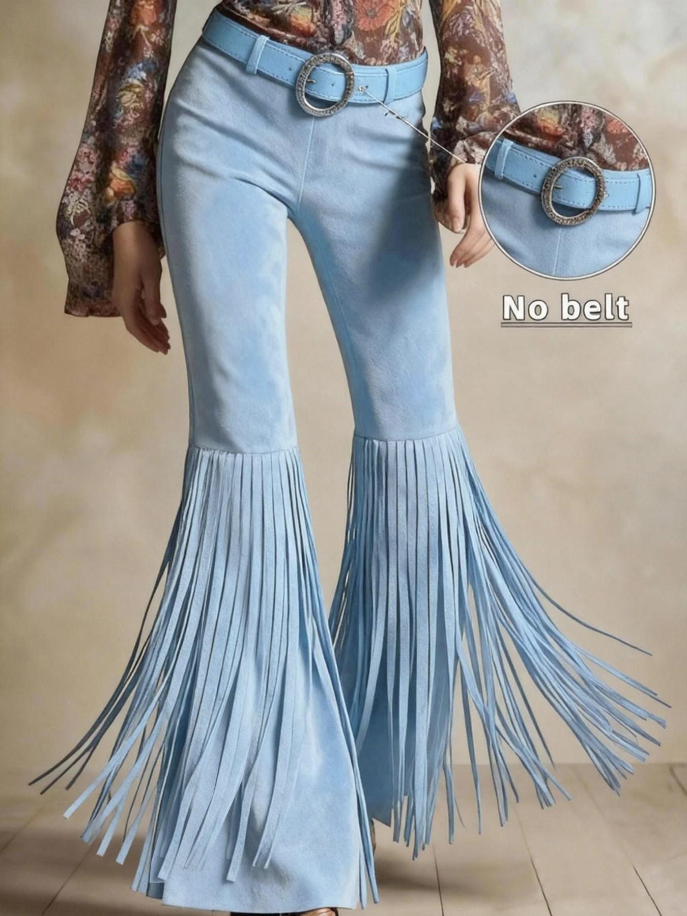 Women's Elegant Retro Textured Suede Style Bootcut Pants Slim Leg Fit, Long Fringed Hem Country Music Festival Daywear Cowgirl Style
