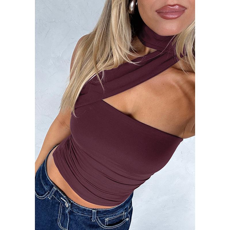 Adjustable Neck Tie Strapless Crop Top with Ruched Side Women's 2025 Fall New Slim Fit Solid Color Essential for Holiday Beach Party & Night Dating Outfits Ladies Casual Sleeveless Short Tank Vest