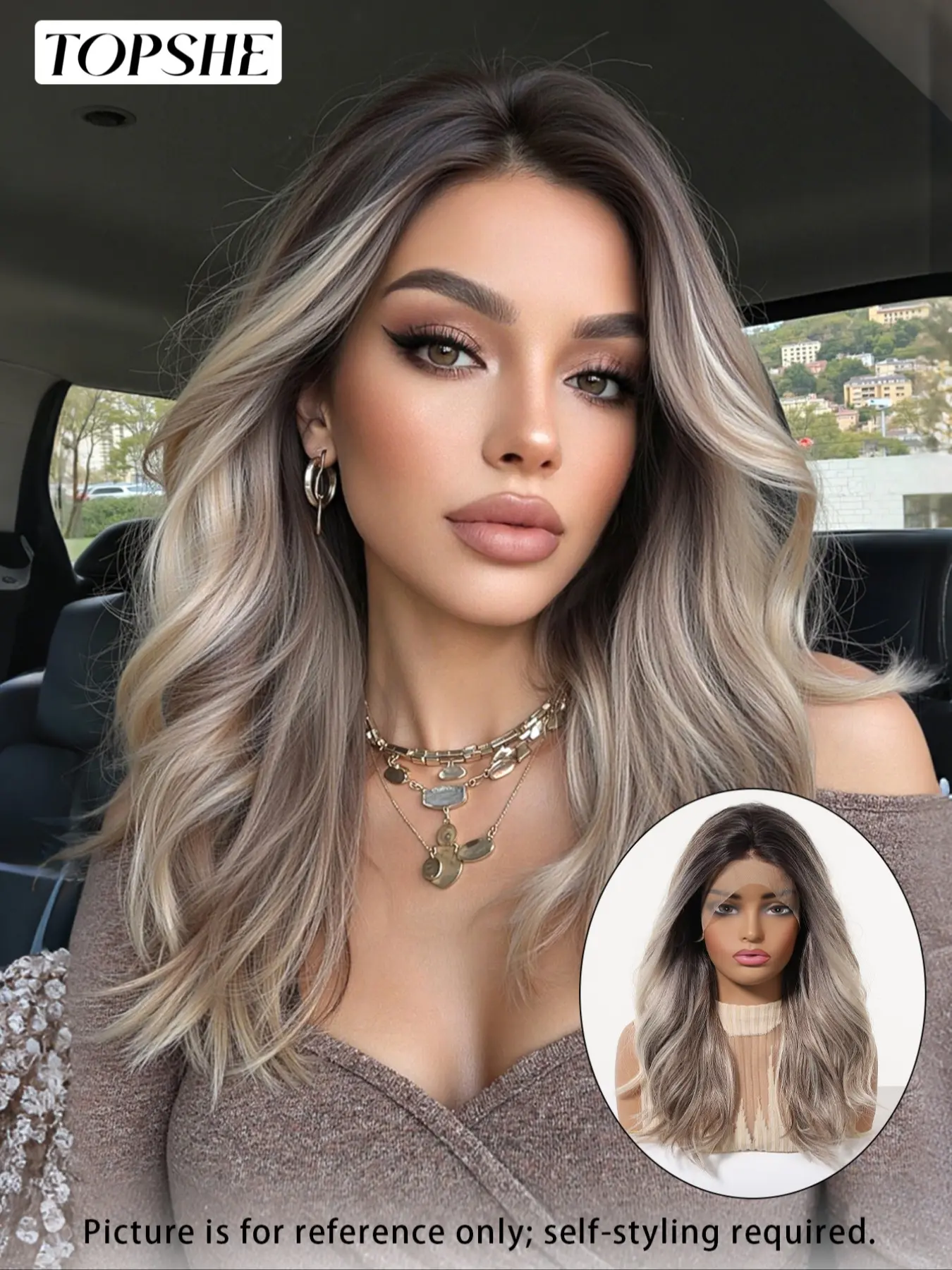 Topshe 13x4 Lace Front Wig, Lace Frontal Wig, Ash Highlights Medium Wave, Natural Skin-Like Scalp, Heat-Resistant Synthetic Hair for Women