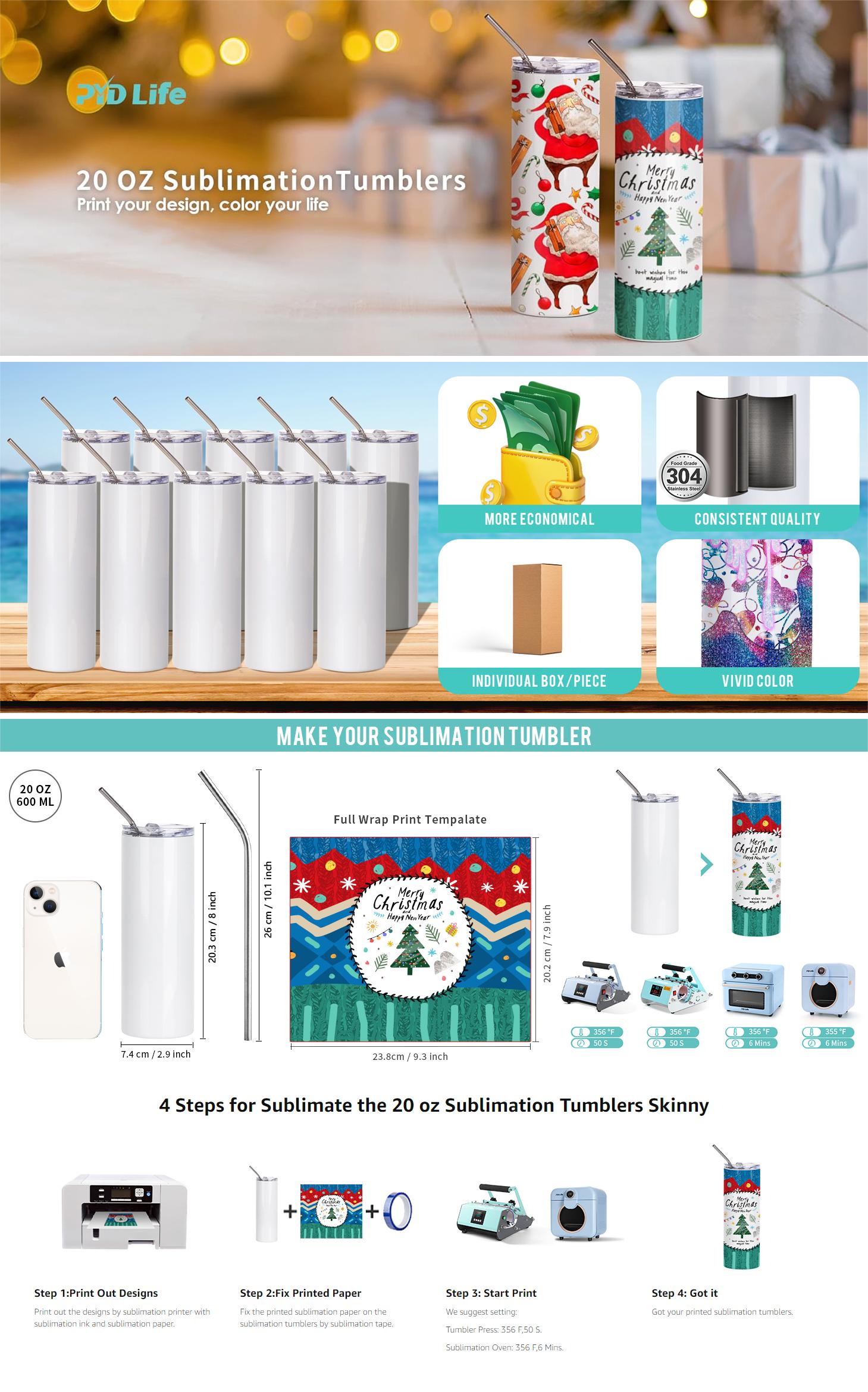 20 OZ Sublimation Tumblers Blanks Skinny Bulk White with Lid and Straw