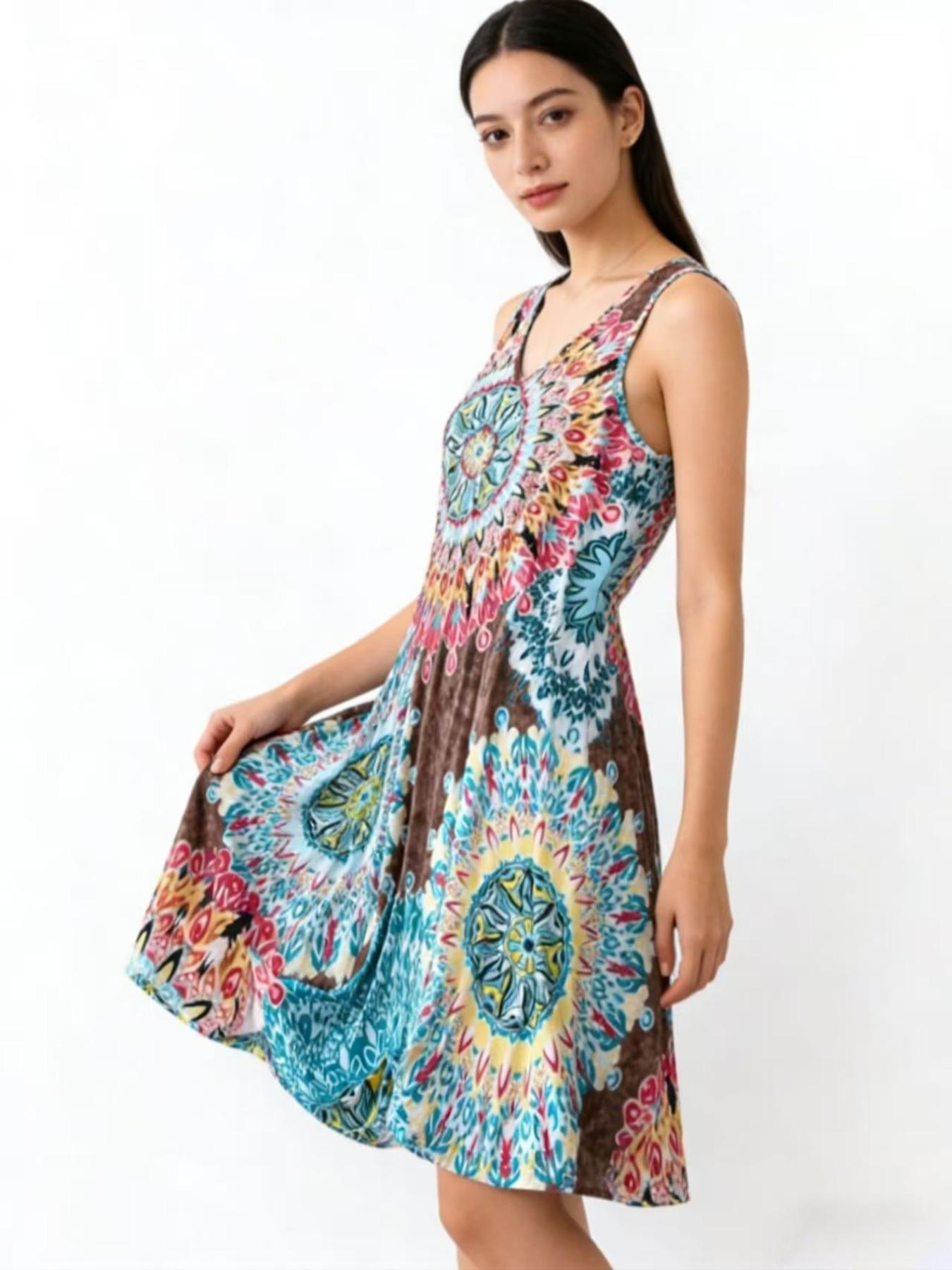 Women's Plus Size All Over Print Tank Dress. Casual Basic Sleeveless Dress. Comfortable and Stylish. Perfect for Vacation and Home Use. Boho. Bohemian