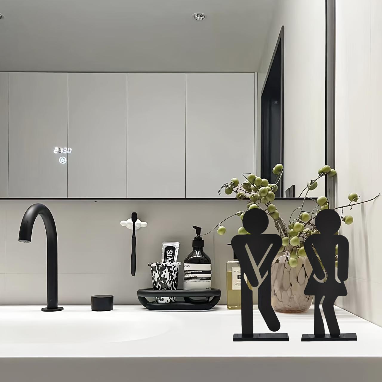 2-Piece Fun Wooden Standing Bathroom Sign Set, Laser Cut Unisex Decor, Boy and Girl Bathroom Signs, No Power Required