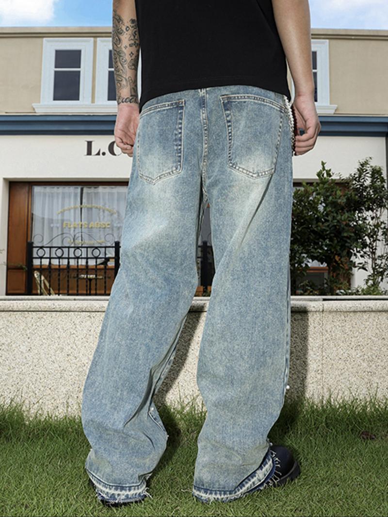 Four-Season Washed Light Blue Handmade Beaded Loose Straight Leg Jeans, Y2K Casual Streetwear, Perfect Gift for Husband or Boyfriend