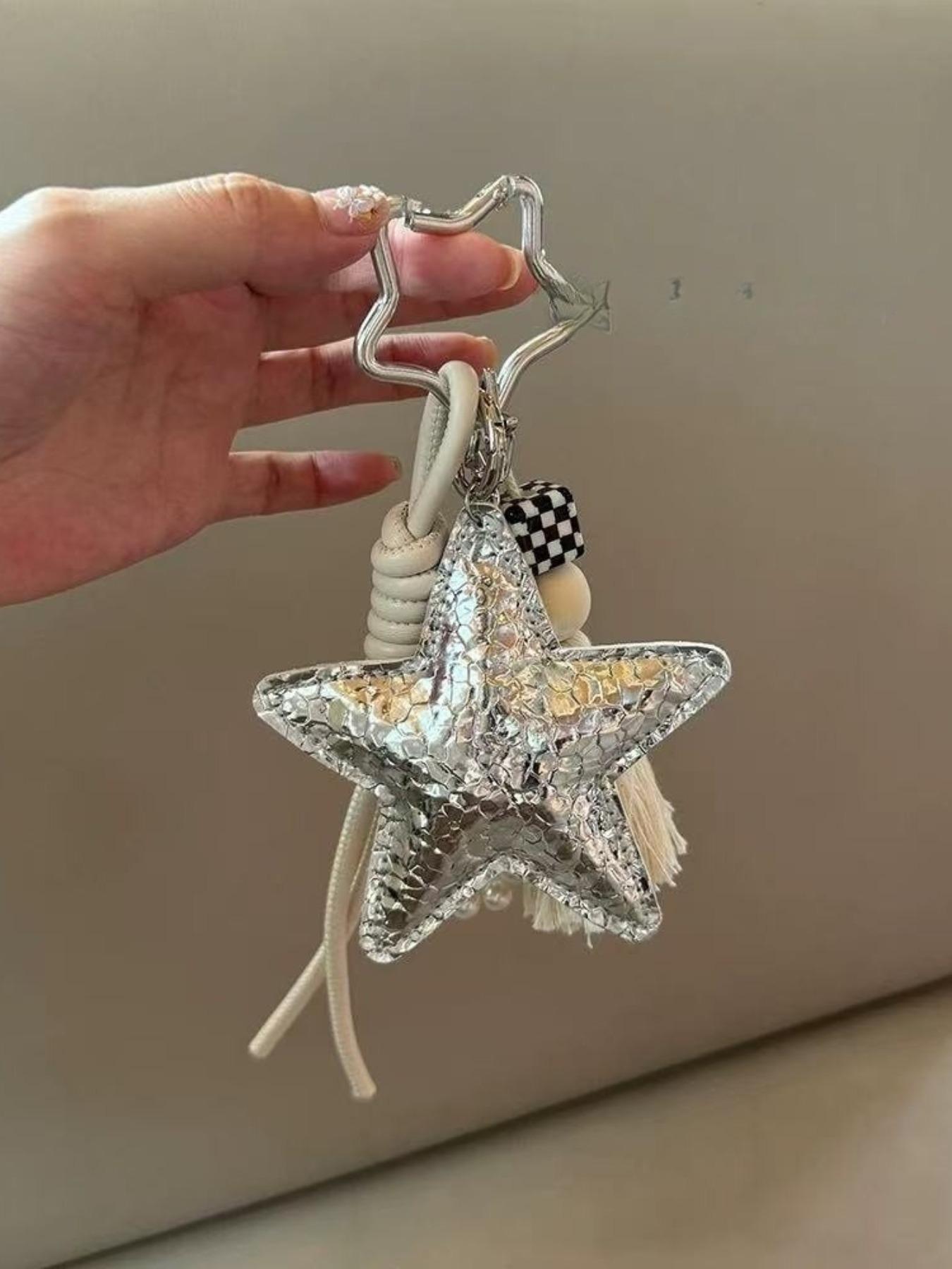 Gold Silver Color Pearl Sequin Star Bag Charm, Style Keychain Pendant, Book Decoration Accessory, Fashion Jewelry Gift, Sparkly Bag Charm