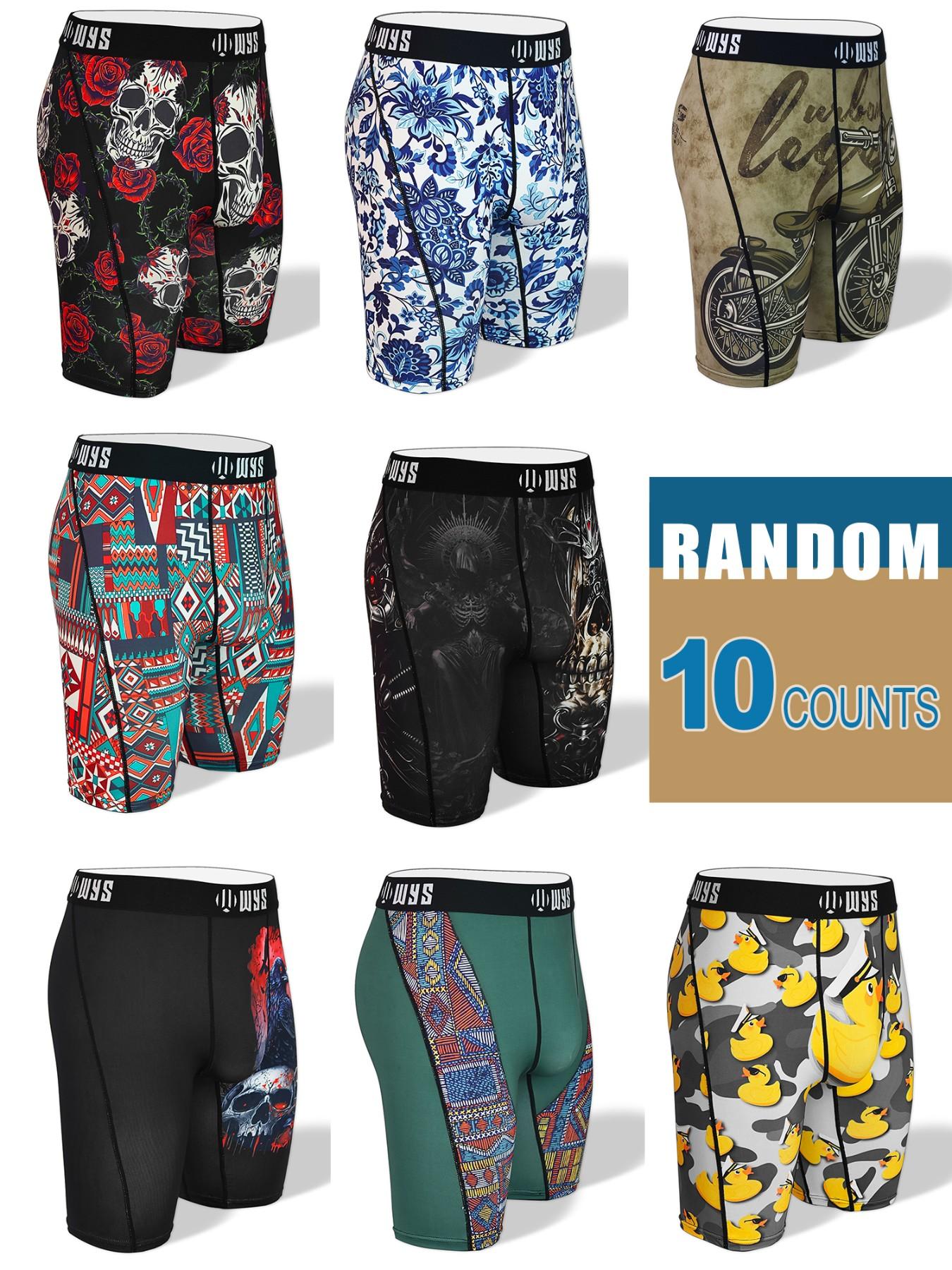 RANDOM 10PCS,Men's Long Athletic Stretchy Casual Boxer Briefs Set, Moisture-Wicking, Anti-Chafing, Quick-Dry, Halloween Skull Wolf Motorcycle Design Print, Comfortable Fit