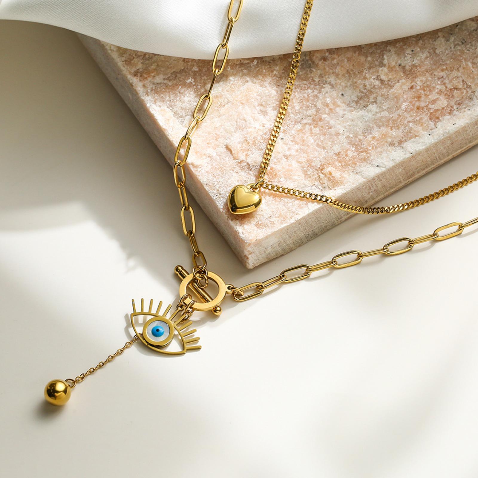 Women's Vintage Luxury Gold Evil Eye Bead Layered Titanium Steel Collarbone Chain, Sports & Outdoor Accessory