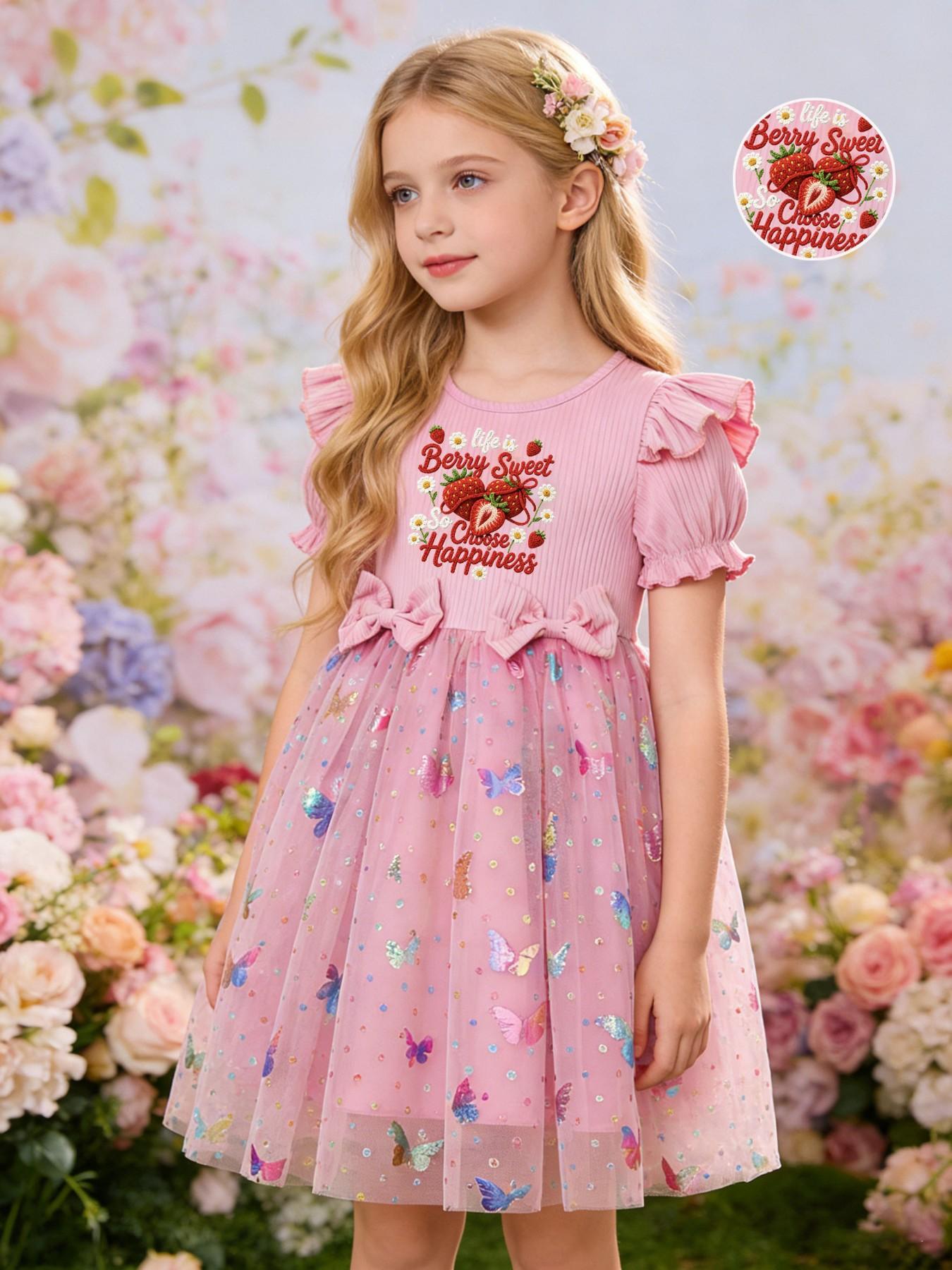 Girls' Elegant Princess Dress, Cartoon Butterfly Print, Slim-Fitting Summer Gown, Perfect for Easter, Valentine's Day, Parties, Gifts, Birthdays