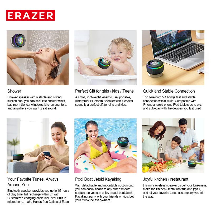 ERAZER XM102 Waterproof Shower Bluetooth Speaker Portable Wireless Speaker with Suction Cup IPX6 Waterproof Speaker Suitable for home/party/outdoor/beach, electronic products, birthday gifts