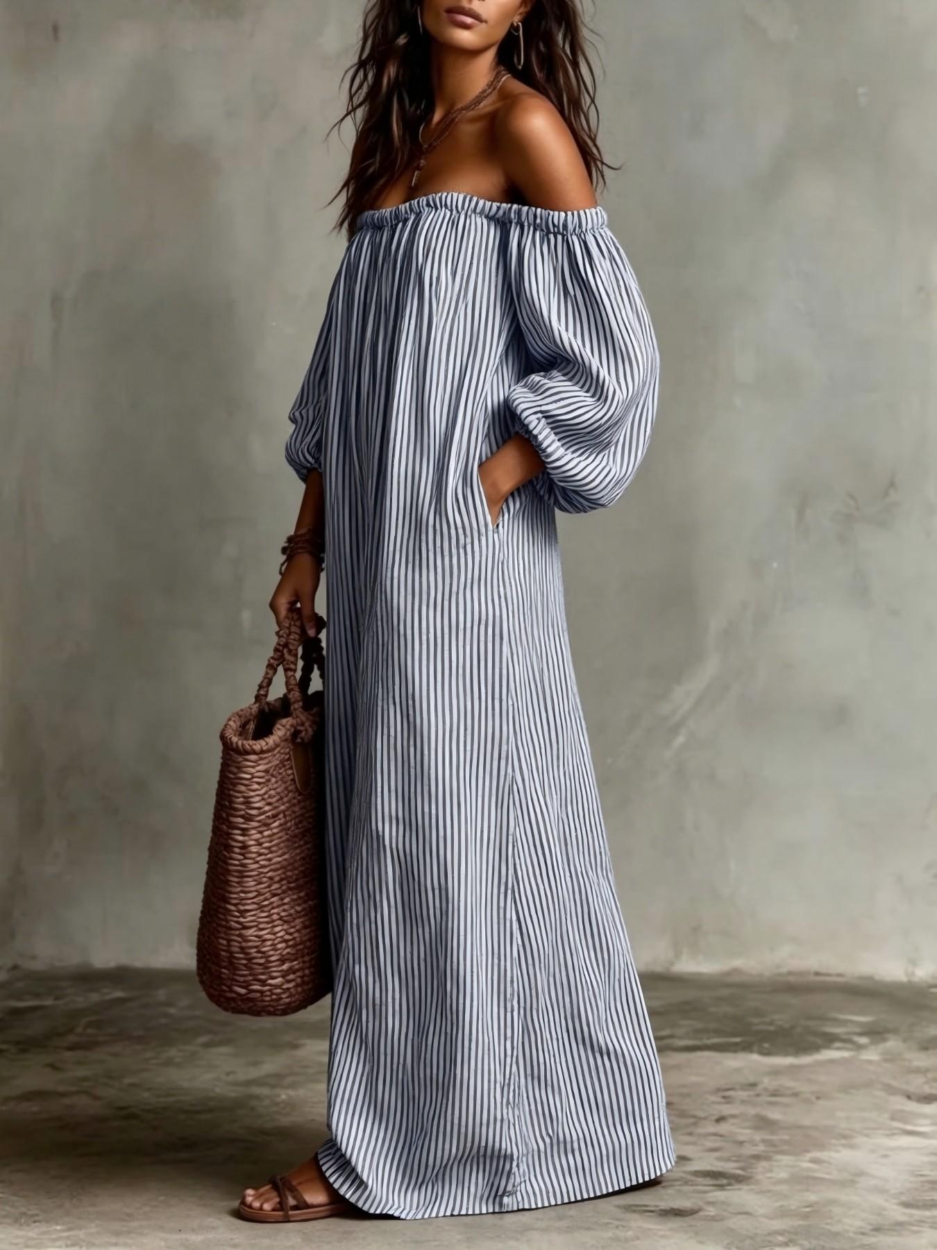 Women's Vintage Striped One-Shoulder Long Dress, Loose Fit Slimming Bubble Sleeve Off-The-Shoulder Dress, Beach Vacation Style Summer
