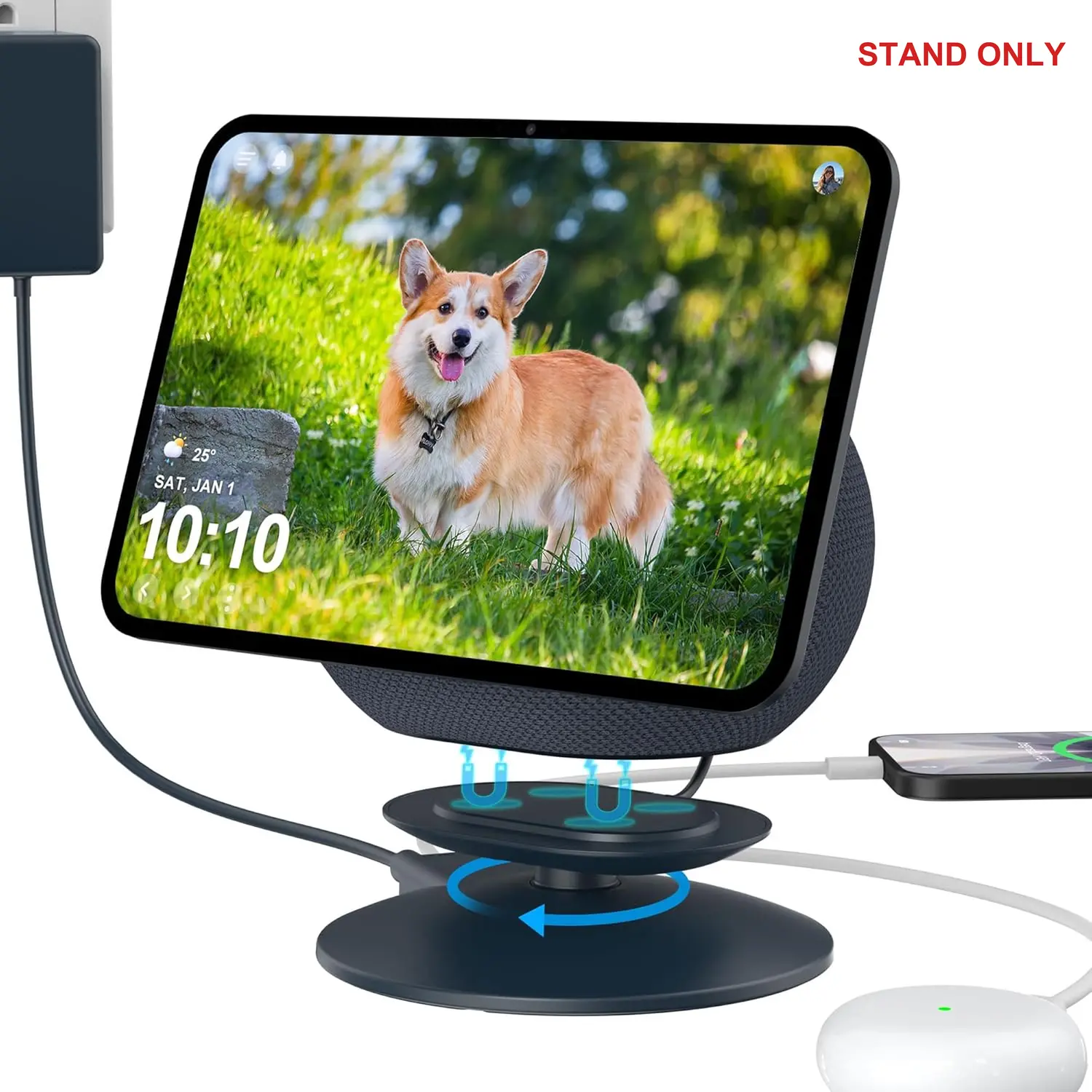(Stand only)PlAcc Stand for Show 11 & Show 8 (2025 Release) & for iPhone Models Swivel Tilt Holder with 2 Charging Ports, Desktop Base for Charge Cellphones and Earbuds (Graphite)