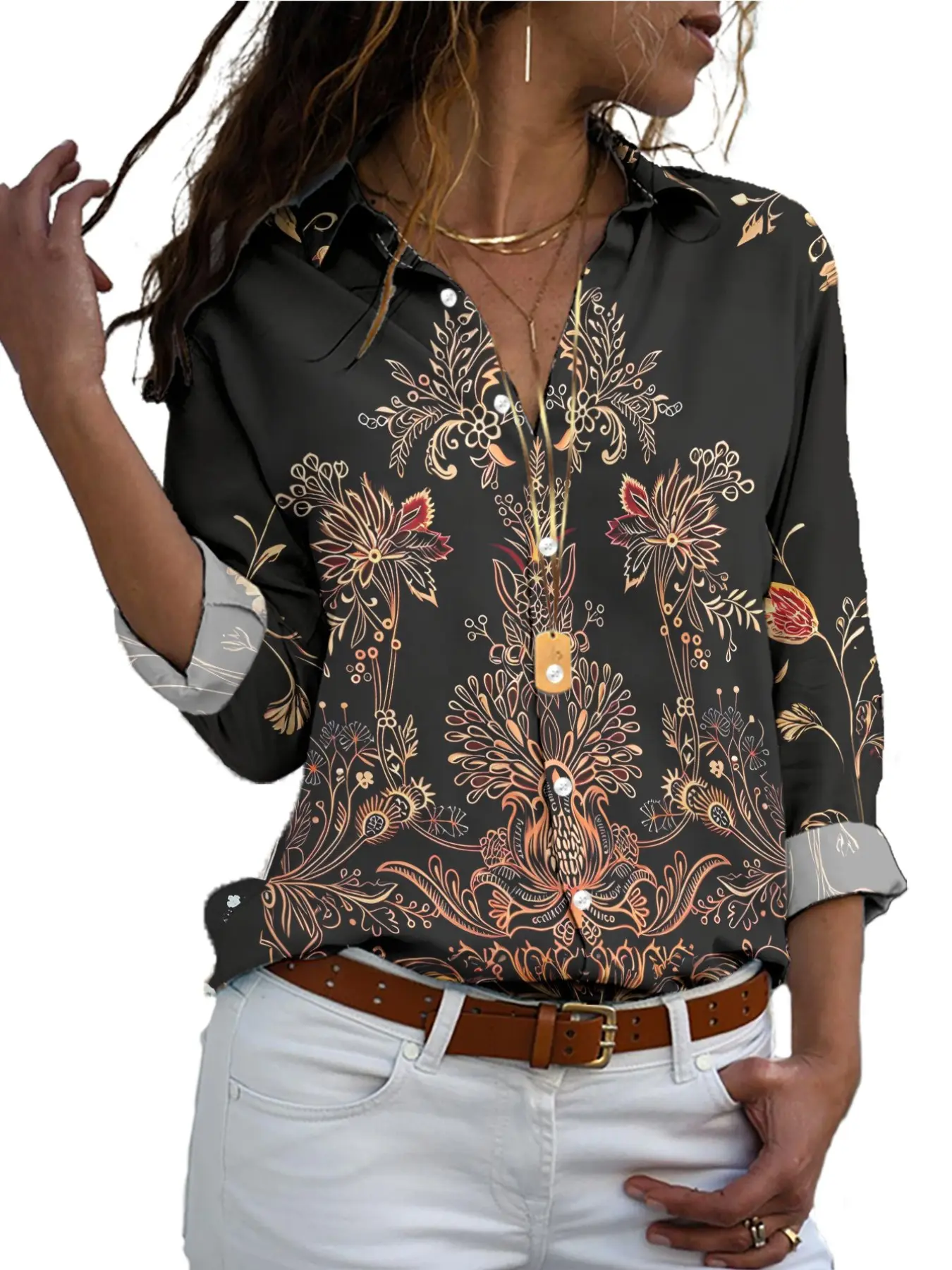 2026 New Women's Ethnic Style Printed Shirt with Vintage Gold Effect Motifs Long Sleeves Casual Blouse, All over Pattern Long Sleeve Shirt for Women