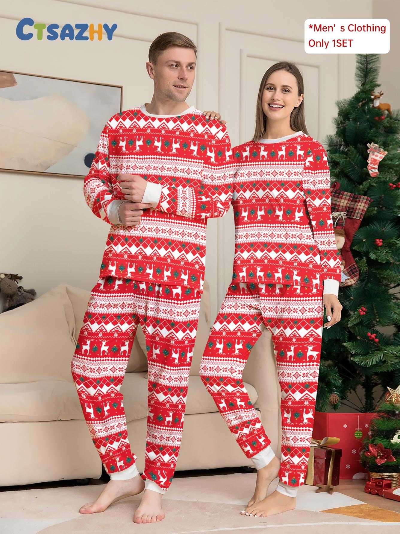 Red White Fair Isle Reindeer Snowflake Matching Family Christmas Pajama Set, All Over Print Crew Neck Long Sleeve Sleepwear with Cream Cuffs, Soft Cuffed Loungewear for Adults Kids Couple, Xmas Family Matching Outfits for Family of 3 & 4