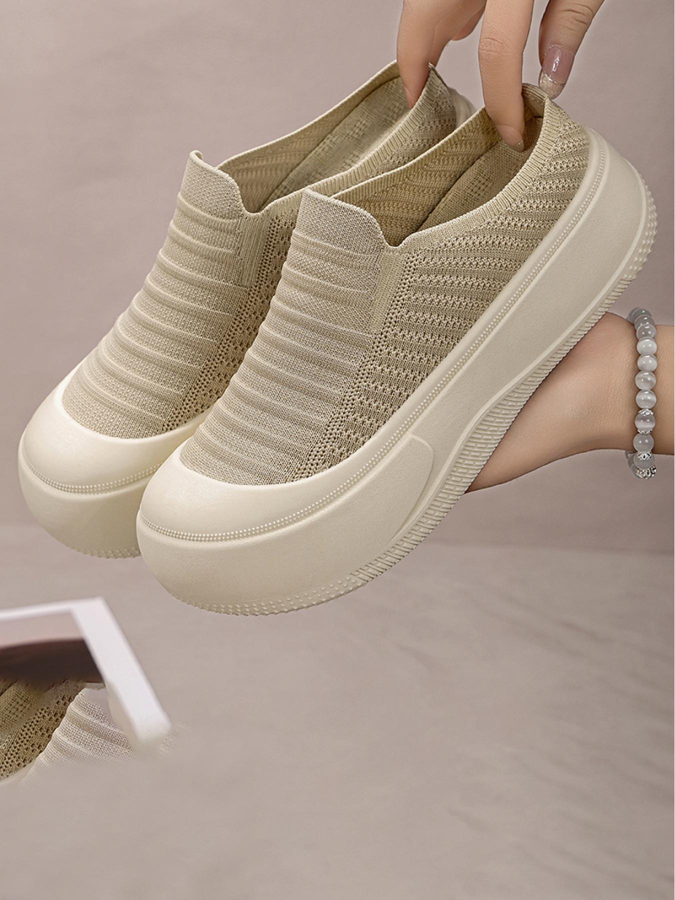YYW1 Women's Slip-On Casual Trainers, Breathable Flyknit Textile Shoes, Thick Sole, Lightweight PVC Plain Shoes for Daily Commute, Indoor-Outdoor Wear