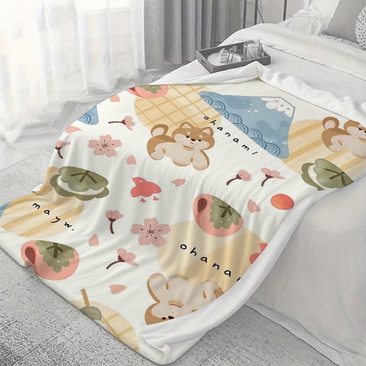 Cute Puppy Cherry Blossom Print Blanket, Soft Skin-Friendly Portable Throw, Ideal for Bedroom, Sofa, Office, Outdoor, Gift
