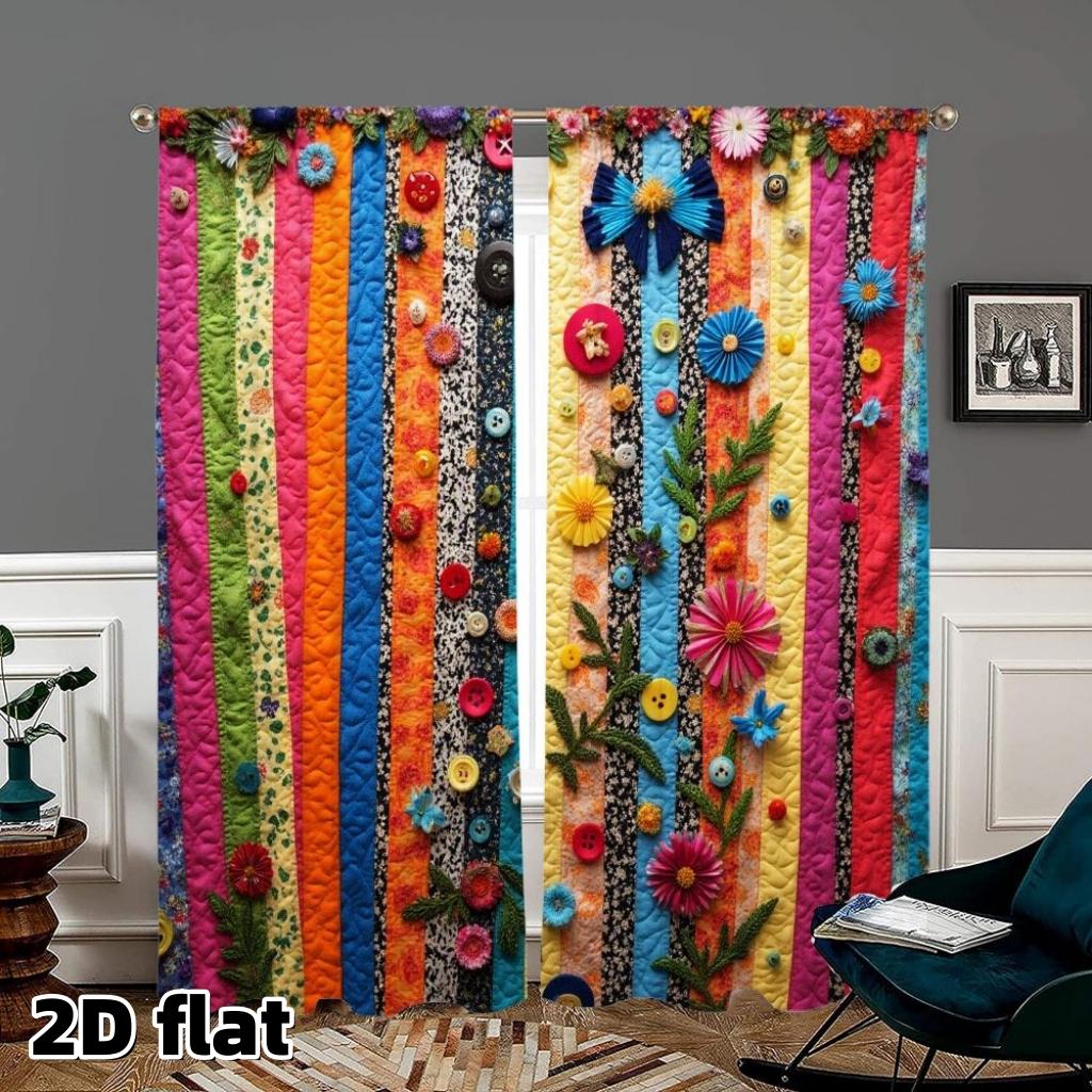 2D Flat 2Pcs Quilted Patchwork Curtains, Multicolored Stripe Design with Button Flower Decorations, Rod Pocket Style, Polyester Fabric, Boho Chic Home Decor, Semi Sunshade, Suitable for Living Room Bedroom Window, Handcrafted Bohemian.
