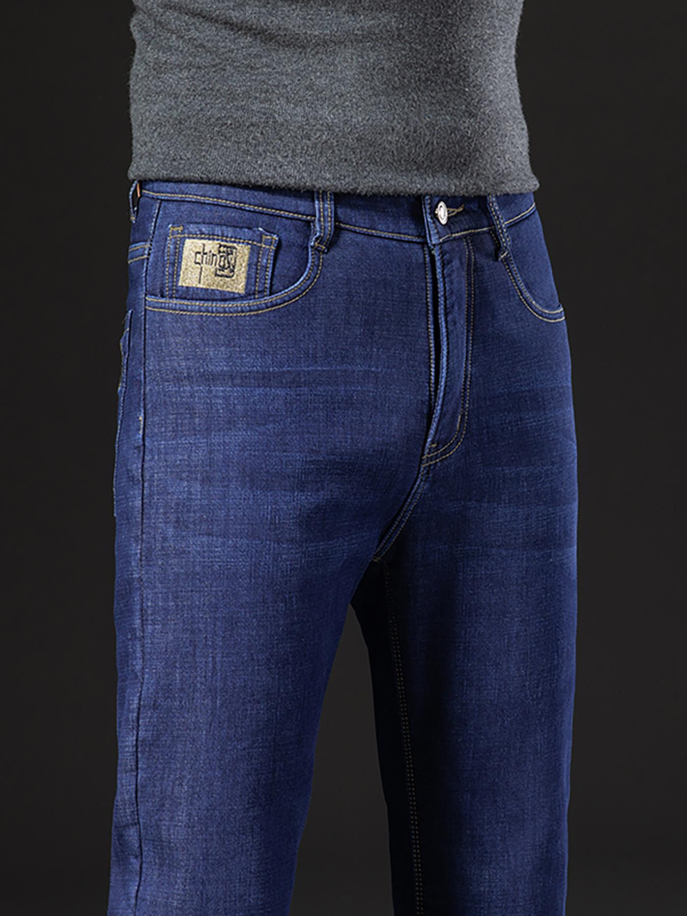 Men's Fleece-Lined Plain Denim Jeans, Winter Casual Friday Loose Straight-Leg Warm Pants, Thickened Thermal Comfortable Men's Clothing