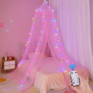 Bed Canopy for Girls with Remote Timer Breathable Canopy Bed Curtains with 8 Modes LED Lights Net Canopy for Girls Room Decor Pink