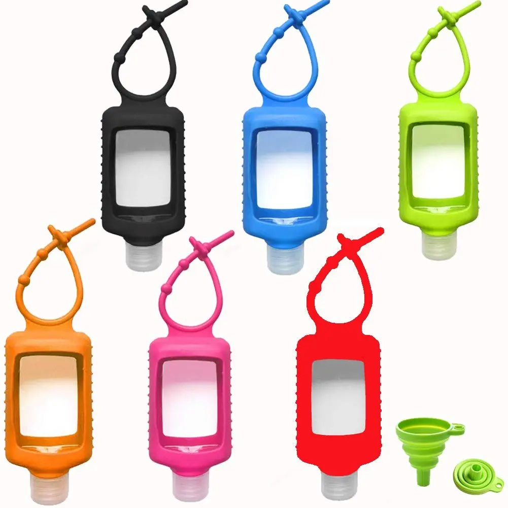 6 Pack 2oz/60ml Clear Plastic Travel Bottles with Silicone Sleeve, Refillable Pocket Hand Sanitizer Containers with Keychain, Leakproof Squeeze Flip Cap, Random ColorGift